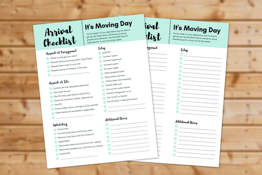 RV Arrival Checklist || 2 Pages