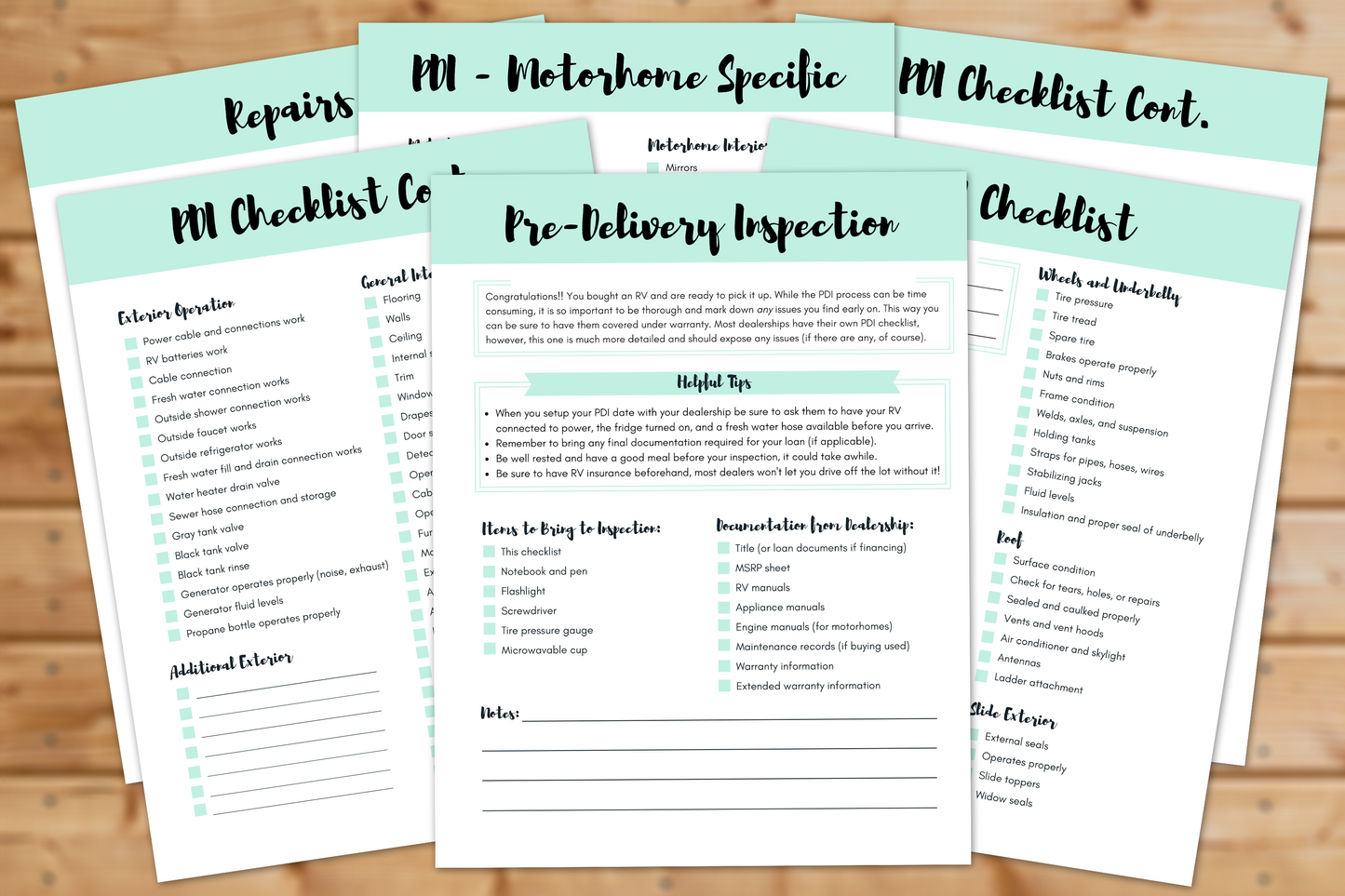 RV Pre-Delivery Inspection Checklist || 6 Pages